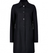 Subtle sophistication is achieved effortlessly with this ultra-luxe wool-cashmere-blend coat from Jil Sander Navy - Spread collar, front button placket, long sleeves, slash pockets, belted back detail - Slim, straight silhouette - Wear with an office-ready look or with skinny jeans and a pullover
