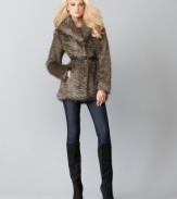 Add a little rock and roll to your look with this faux fur coat from Buffalo Jeans! A belted waist balances the fluffy fabric and oversized shawl collar - pair it with skinny jeans for instant edge.
