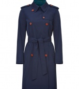 Easy elegance couples with a subtle pop of vibrant color in M Missonis navy trench - Classically slim cut, double-breasted style hits above the knee - Two rows of brown buttons and  waist-cinching wrap belt  - Epaulets, oversize slash pockets, rain flap and small collar with colorful contrast interior lining - Versatile and polished, perfect for pairing with everything from jeans to a cocktail dress