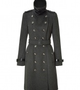 Infuse trend-right military elements into your cold weather look with this ultra-luxe cashmere-and-wool-blend trench from Burberry London - High stand collar with belted detailing, epaulets, long sleeves with belted cuffs, double-breasted - Front button placket, belted waist, back vent and storm flap with button - Wear with an elevated jeans-and-tee ensemble or a cocktail-ready sheath