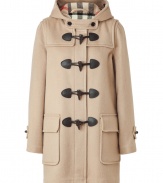 The perfect fusion of form and function, Burberry Brits camel Minstead duffle coat is a timeless investment in iconic heritage style - Slim, straight cut hits mid-thigh - Classic leather toggle closure, signature Burberry check-lined hood and oversize flap pockets at hips - A modern must ideal for any number of occasions - Pair with everything from jeans and a cashmere pullover to suit trousers and a blazer
