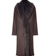 Add super-luxe style to your cold weather ensembles with this sumptuous full-length shearling coat from Jil Sander - Fur-trimmed shawl collar, fur trim down front, long sleeves, slit pockets, full-length, narrow silhouette - Wear with skinny jeans, a cashmere pullover, and shearling boots