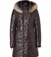 Supple brown lamb leather and eye-catching fur trim lend this sleekly elegant Ventcouvert coat its effortless winter-chic appeal - Slim cut quilted style tapers gently through waist - Full snap placket  and underlying zip closure - Pockets at either hip and zipper embellishment at cuffs - On trend fur-trimmed hood - Streamlined and sophisticated, the easiest way to stay warm while looking cool this season! - Pair with any number of looks, from jeans to suit trousers to knit dresses
