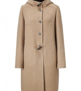 Timeless classic styling gets a sleek luxe finish in Jil Sanders virgin wool hooded coat, finished with toggle closures for streamlined modernity - Hooded, button and toggle closures, side slit pockets, houndstooth lining, relaxed slim fit - Pair with jeans, tailored trousers, and fitted knit dresses