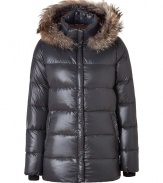 Stay warm while maintaining your impeccable style in this lightweight yet luxe down jacket from Duvetica - Fur-lined hood, front two-way zip closure, long sleeves, zip pockets, quilted - Modern straight fit - Wear with knit pullovers, jeans and weather boots