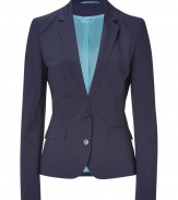 Bring refined elegance to your workweek staples with this fitted pinstripe blazer from Hugo - Notched lapels, two-button closure, flap waist pockets, tailored silhouette, all-over pinstripe print - Pair with matching pants, a bold silk blouse, and platform pumps