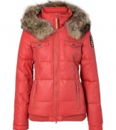 Stay warm in style this season in True Religions matte finish quilted down jacket, detailed with cozy raccoon fur trim for an ultra luxe finish - Stand-up collar, hood with removable fur trim, long sleeves with stitched flag patch, two-way front zip, zippered and buttoned front pockets, contrast ribbed knit hidden cuffs and hemline - Flattering slim, straight fit - Team with cozy knit accessories and statement boots