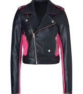 Detailed with bright magenta leather paneling, Juicy Coutures super soft lambskin moto jacket is a fun way to elevate any look - Notched collar, snapped lapel, long sleeves, stitched elbow patches, zippered cuffs, buttoned epaulettes, off-center front zip, zippered pockets, snapped front pocket, gold-toned logo hardware - Cropped, form-fitting - Wear as a fun polish to casual and cocktail looks alike