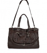 Contemporary daytime looks get a kick of downtown-cool with Vanessa Brunos super soft mocha leather convertible tote - Magnetic top snap, zippered front pocket, luggage tag and key ring, belted top, removable buckled shoulder strap, two internal sections, zippered middle pocket, inside zippered back wall pocket, two front wall slot pockets - Perfect for work or city excursions