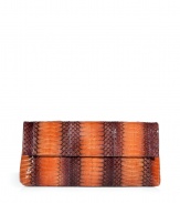 Invest in multi-season luxury with Nancy Gonzalezs cool cobra clutch, an ultra contemporary choice in soft mauve and melon - Flap with hidden magnetic closures, back slit pocket with magnetic closure, inside zippered sectional pocket, back wall slot pocket, mauve suede lining - Carry as a finish to chic evening looks