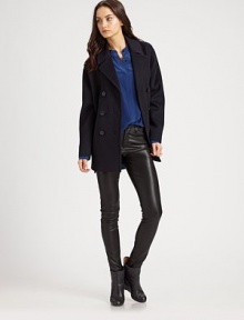 The classic peacoat updated with dropped shoulder and double-breasted button front, all in rich wool.Notch collarDropped shouldersLong sleevesSlash pocketsAbout 24 from shoulder to hem90% wool/10% nylonDry cleanImportedModel shown is 5'11 (180cm) wearing US size Small. The classic peacoat updated with dropped shoulder and double-breasted button front, all in rich wool.Notch collarDropped shouldersLong sleevesSlash pocketsAbout 24 from shoulder to hem90% wool/10% nylonDry cleanImportedModel shown is 5'11 (180cm) wearing US size Small.