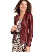 Hit all the right notes in Ellen Tracy's polished blazer, featuring faux leather in a rich, red hue. Pleated ribbon trim gives it a feminine touch, while a knit panel at the back makes it light enough for spring!