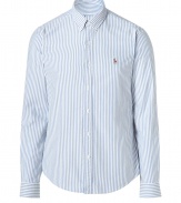 Easy, understated and classically cool, Polo Ralph Laurens striped button down is a must in any modern wardrobe - In a soft, pure blue and white printed cotton - New slim cut is more fitted through chest and torso - Small collar, cuffed sleeves and full button placket - Iconic embroidered polo pony logo at chest - Dress up with suit trousers and a blazer, or go for a more casual look with jeans and a pullover