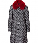 With retro-chic charm and a vibrant fur collar, this Moschino Cheap & Chic jacket will bring instant style to any look - Large fur spread collar, long sleeves, front button placket, patch pockets, A-line silhouette, all-over faint dot print - Wear with a fitted sheath and heels or skinny trousers and booties