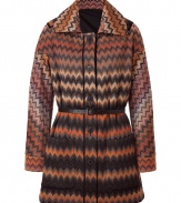 The ultimate fall must-have, this patterned knit coat will elevate any cold weather look - Spread collar, front button placket, long sleeves, belted waist, patch pockets, all-over classic Missoni patterned knit - Wear with skinny jeans, a silk blouse, and platform pumps