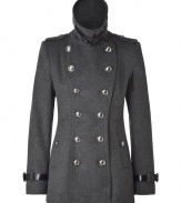 Military-inspired details add trend-right edge to this luxe wool-and-cashmere-blend coat from Burberry London - Stand collar with belted detail, epaulets, long sleeves with belted cuffs, double-breasted with silver-tone buttons, flap pockets, fitted silhouette - Wear with an elevated jeans-and-tee ensemble or a pencil skirt, blouse, and heels