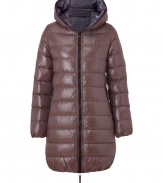 A sleek outer shell and elegant contrast trim lend this Duvetica down jacket its sporty and stylish edge - In a lighter weight, wind- and water-resistant taupe polyamide - Slim cut fits close to the body for extra warmth and tapers through waist - Full zip, grey fabric-lined hood and oversize diagonal zippered pockets at sides - Perfect for cold weather casual looks including jeans, cords, chinos and ski pants