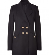 Channel the look of the moment in this Military-inspired wool-blend coat from Faith Connexion - Wide notched lapels, long sleeves, front button placket, double-breasted, gold-tone decorative buttons, slit pockets, back belt detail with buttons - Wear with a cashmere pullover, leather leggings, and ankle booties