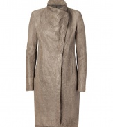 Luxurious jacket brings drama in textured sheepskin - Features a distressed look in an elegant beige color - Slim, slightly-fitted silhouette with stand-up collar and asymmetrical, concealed closure - Transitions for day to night effortlessly - Try with a pencil skirt or business suit in the day, or a sexy mini dress in the evening - Lifetime investment piece