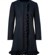 With its feminine flounce and chic navy coloring, Valentino R.E.D.s ruffle detailed wool-blend coat is an elegant way to give your look that flawless ladylike polish - Collarless, long sleeves, hidden front snap closures, side slit pockets, ruffled trim down the front and around the hemline - Fitted - Wear over a tailored sheath with a clutch and high-heels