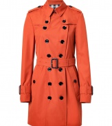 With heritage detailing reflecting the original Burberry trench coat, this bright technical cotton-blend version from Burberry London counts as a sartorial, multi-season investment - Classic collar with belted latch and hook closure, set-in long sleeves with belted cuffs, epaulettes, double gun flaps, double-breasted button-down front, belted waist, rain shield - Fitted silhouette - Pair with slim trousers or jeans and a cashmere pullover