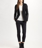 Lightweight cotton twill blazer with luminous leather sleeves and zippered cuffs. Notched lapelLong leather sleeves with zippered cuffsButton frontFront flap pocketsBack ventAbout 27 from shoulder to hemBody: Cotton; Contrast: LeatherDry clean with leather specialistImportedModel shown is 5'10 (177cm) wearing US size 2.