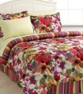 Layer your bed in fresh, blooming florals with the Rosa bedding ensemble, featuring a vibrant palette that makes a bold statement in any room. Comforter reverses to an eclectic stripe pattern so you get multiple looks with one set. Comes complete with coordinating shams, bedskirt and sheet set.