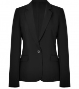 Update your office-ready favorites with this flattering tailored blazer from Theory - Notched lapels, long sleeves, single-button closure, flap pockets, fitted silhouette - Wear with a pencil skirt and a tie-neck blouse or wide leg trousers and a modern button down