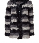 Make an ultra luxe sartorial splash in DKNYs textural shearling tonal grey striped jacket - Collarless, hidden buttoned front, long sleeves, fitted - Pair with jeans and boots for day, or try with tailored sheaths and platform boots for chic cocktails