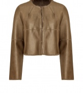 Finish your look with a shimmer of shearling in Paule Kas richly tinted cropped leather jacket - Collarless, long sleeves, front hook closures, raw edges, fitted - Pair with tailored sheaths and platform pumps