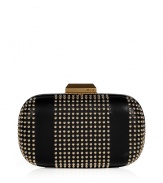 Inject edgy-luxe appeal to your black tie or evening looks with this round frame studded clutch from Emilio Pucci - Round hard frame, brass-tone logo snap top closure, stud detailed panels on leather, patterned silk lining - Pair with a floor-sweeping evening gown and metallic