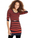 Fall for stripes this season! Planet Gold uses the bold print to add graphic power to this chic, belted sweater tunic.