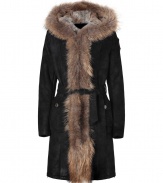 Ultra luxurious and equally cozy, Parajumpers fur trimmed shearling coat is a smart investment for multi-season sporty sophistication - Raccoon trimmed hood with rabbit fur lining, long sleeves, shoulder logo patch, hidden front closures, oversized snapped pockets, self-tie sash, belt loops, zippered side slits at hemline - Feminine tailored fit falls to the thigh - Team with skinnies and chic winter boots