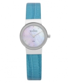 Beautiful turquoise-colored leather breathes vibrant life into this Skagen Denmark watch.