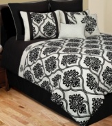 Elegance defined, in black and white. Feel the allure of this Channing Flocked comforter set, showcasing intricate flourish designs and simple solids for a stunning presentation.