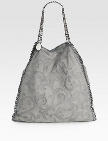 An embossed faux suede style with faux leather whipstitching and shiny link chain trim that follows the brand's vegetarian initiatives.Double chain shoulder straps, 10 dropMagnetic snap closureOne inside zip pocketOne inside open pocketOne zip pouchFully lined17W X 16½H X 4½DMade in Italy An embossed faux suede style with faux leather whipstitching and shiny link chain trim that follows the brand's vegetarian initiatives.Double chain shoulder straps, 10 dropMagnetic snap closureOne inside zip pocketOne inside open pocketOne zip pouchFully lined17W X 16½H X 4½DMade in Italy