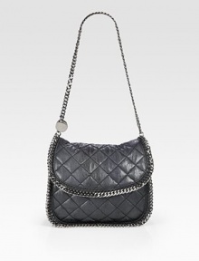 Chic quilting adds a classic touch to this flap-front design, rendered in rich faux leather and framed with silvertone chains.Shoulder strap, 14 drop Magnetic flap closure One inside zip pocket Nylon lining 12W X 10H X 5D 86% polyester/14% polyurethane Made in Italy Chic quilting adds a classic touch to this flap-front design, rendered in rich faux leather and framed with silvertone chains.Shoulder strap, 14 drop Magnetic flap closure One inside zip pocket Nylon lining 12W X 10H X 5D 86% polyester/14% polyurethane Made in Italy