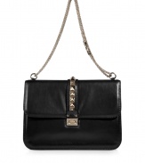 Inject fashion forward edge to your dressed up look with this stud embellished shoulder bag from Valentino - Square bag with front flap, slide-lock closure with logo detail, stud trim, shiny leather, chain-detailed shoulder strap - Style with a cocktail-ready frock and metallic platform sandals
