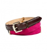 Add a bold pop of color to your ensemble with this stylish belt from Etro - Colorblocked with goatskin and calfskin in contrasting colors, gold-tone buckle and hardware - Style with slim fit trousers, a cashmere pullover, and platform heels