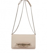 Elegant handbag in fine, supple, pale beige leather - On-trend, smaller rectangular envelope shape - Double chain shoulder strap with leather backing for added support - Decorative gold-tone metal hardware - Lined in graphic print fabric, with enough room to fit all of the essentials - Polished and practical, perfect for parties, cocktails and luncheons