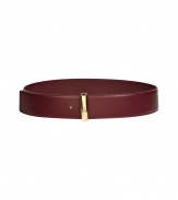 Cinch your look in luxe style with this lovely leather belt from Salvatore Ferragamo - Smooth leather with gold-tone buckle - Wear with a tie-neck blouse, a pencil skirt, and a long cardigan