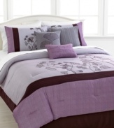 Shades of purple transform your space with a delicate allure in this Soft Leaves comforter set, featuring simple solids, textured bands and soothing floral silhouettes.