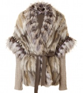 Incredibly luxe with statement-making style, this fur-and-knit combo jacket from Roberto Cavalli is guaranteed to elevate any ensemble - Wrap front with leather tie belt, dolman fur sleeves with knit long sleeve underlay, leather and stud detailed cuffs, relaxed fit - Pair with skinny jeans, a silk blouse, and statement heels