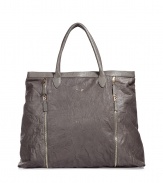 Luxurious bag in fine, grey leather - trendy, lightly crinkled look - fashionable, roomy satchel shape - with stylish zip details - two short carry handles - a brilliant, posh everyday favorite bag that fits a business suit as well as a biker look