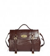 Luxurious bag in chocolate brown washed leather - hip 1970s style - slim yet voluminous clutch shape, fits more than you think - fern straps with gold eye-lets and studs remind of a saddle-bag - small handle and extralong shoulder-strap - stylish gold turn-lock with Mulberry logo - a hit for every day - super with a cool biker outfit