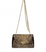 Make a statement with this ultra-luxe python bag from Salvatore Ferragamo - Envelope shape, front flap with logo-detailed snap closure, neutral python panels with leather, chain detailed shoulder strap - Pair with a flirty frock and statement heels