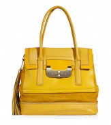Upgrade any look with this luxurious must-have statement bag from Diane von Furstenberg - Front flap with turn-lock closure, carrying handles, textured leather and patent leather panels with tonal suede, zipper detailed bottom, tassel detail - Perfect for daily use or off-duty chic