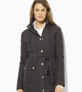 Cut for a classic fit from diamond-quilted microfiber, Lauren by Ralph Lauren's belted jacket is the ultimate in cool-weather style