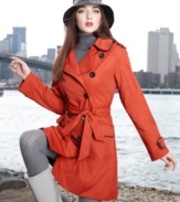 Jones New York offsets traditional trench coat detailing with chic piping for a look that protects you from the elements in style!