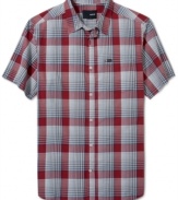 This handsome Hurley short sleeve plaid button down boasts a preppy street smart style.